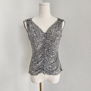 Vintage 90s Studio M White Black Red Rose Patterned Ruched Sleeveless Top S